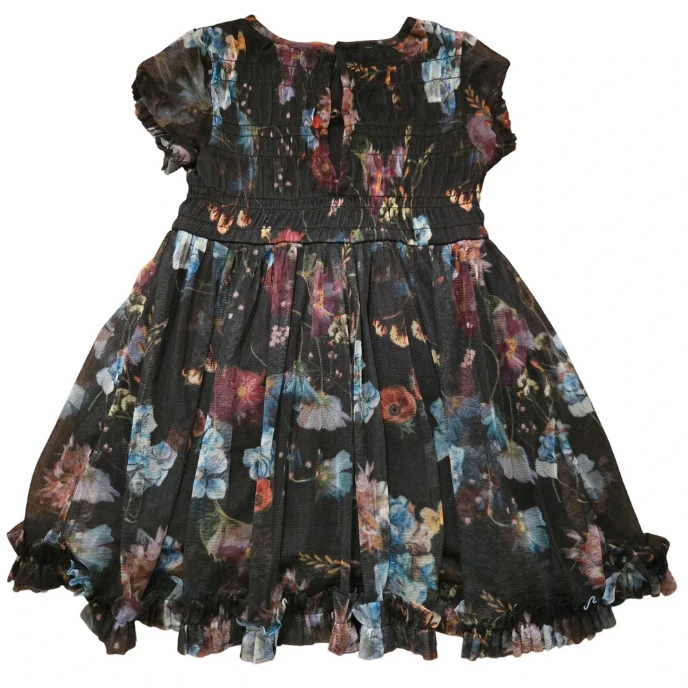 Next Kids‎ Black Floral Mesh Smocked Dress Short Sleeve Ruffle Hem 2-3 Years